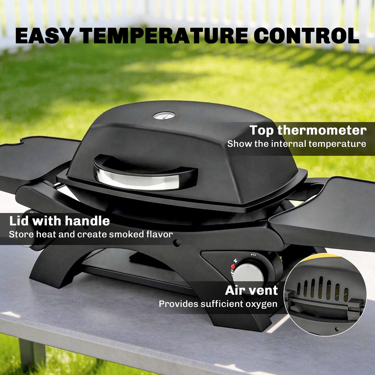 Outsunny 2 Burner Gas Grill with 2 Detachable Side Tables, 3.8 KW Steel Barbecue Grill with Cast Iron Grates, Lid, Thermometer 