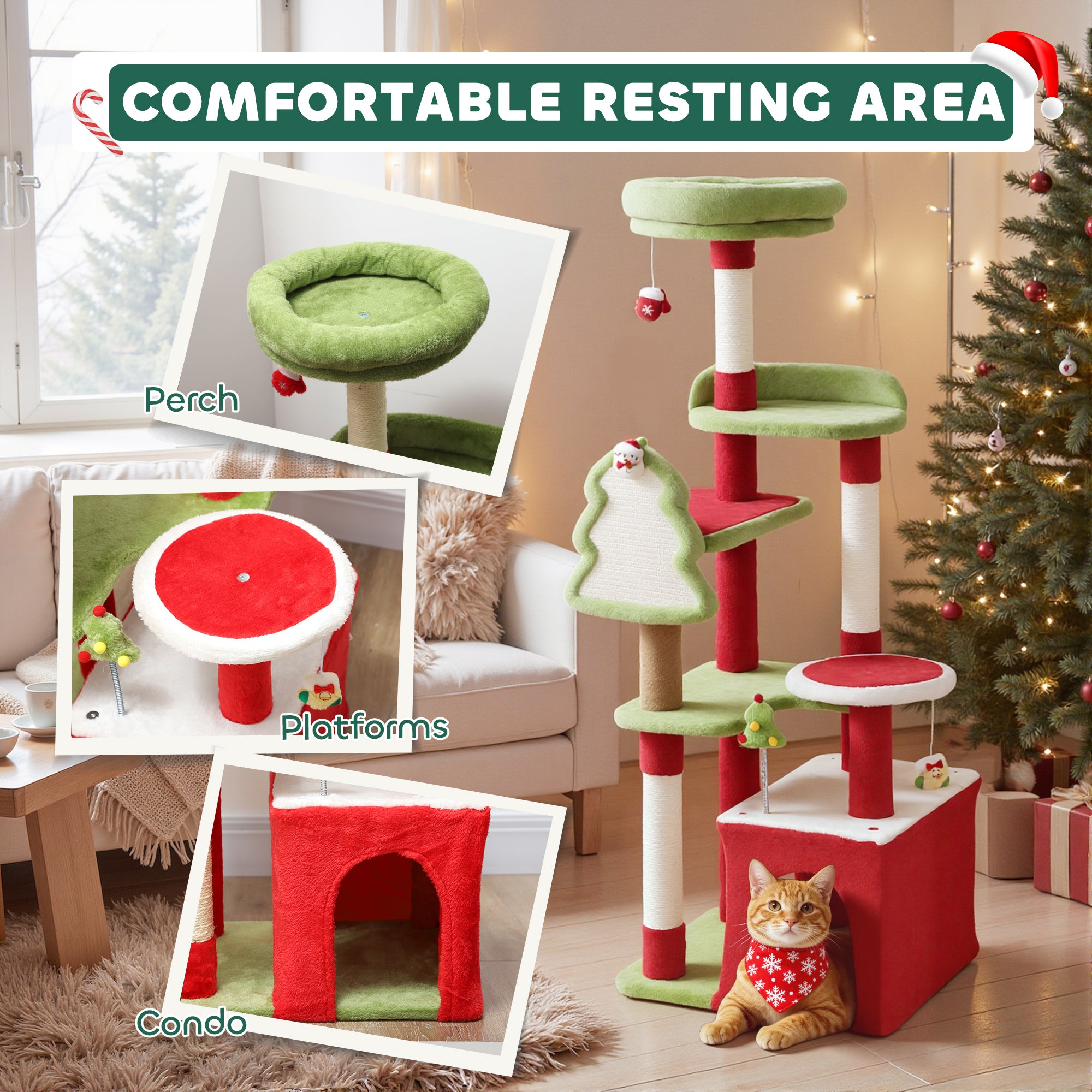 PawHut Cat Tree, 120cm Christmas Cat Tower with 3 Scratching Posts, Scratching Board, 2 Perches, Platforms, Toys, Green 