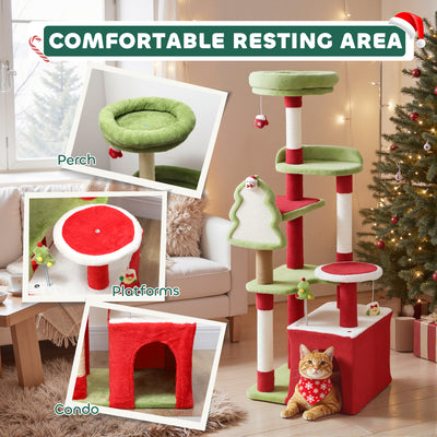 PawHut Cat Tree, 120cm Christmas Cat Tower with 3 Scratching Posts, Scratching Board, 2 Perches, Platforms, Toys, Green 