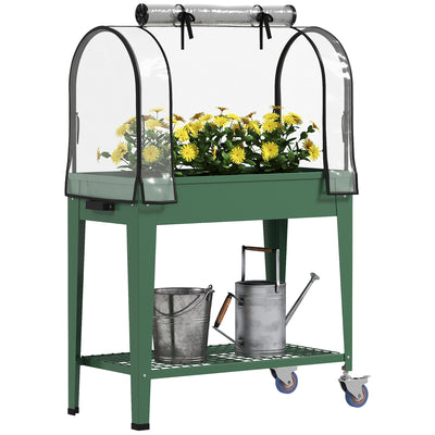 Outsunny Raised Planter with Greenhouse Cover, Mobile Elevated Garden Bed with Wheels and Bottom Shelf for Vegetables, Green 
