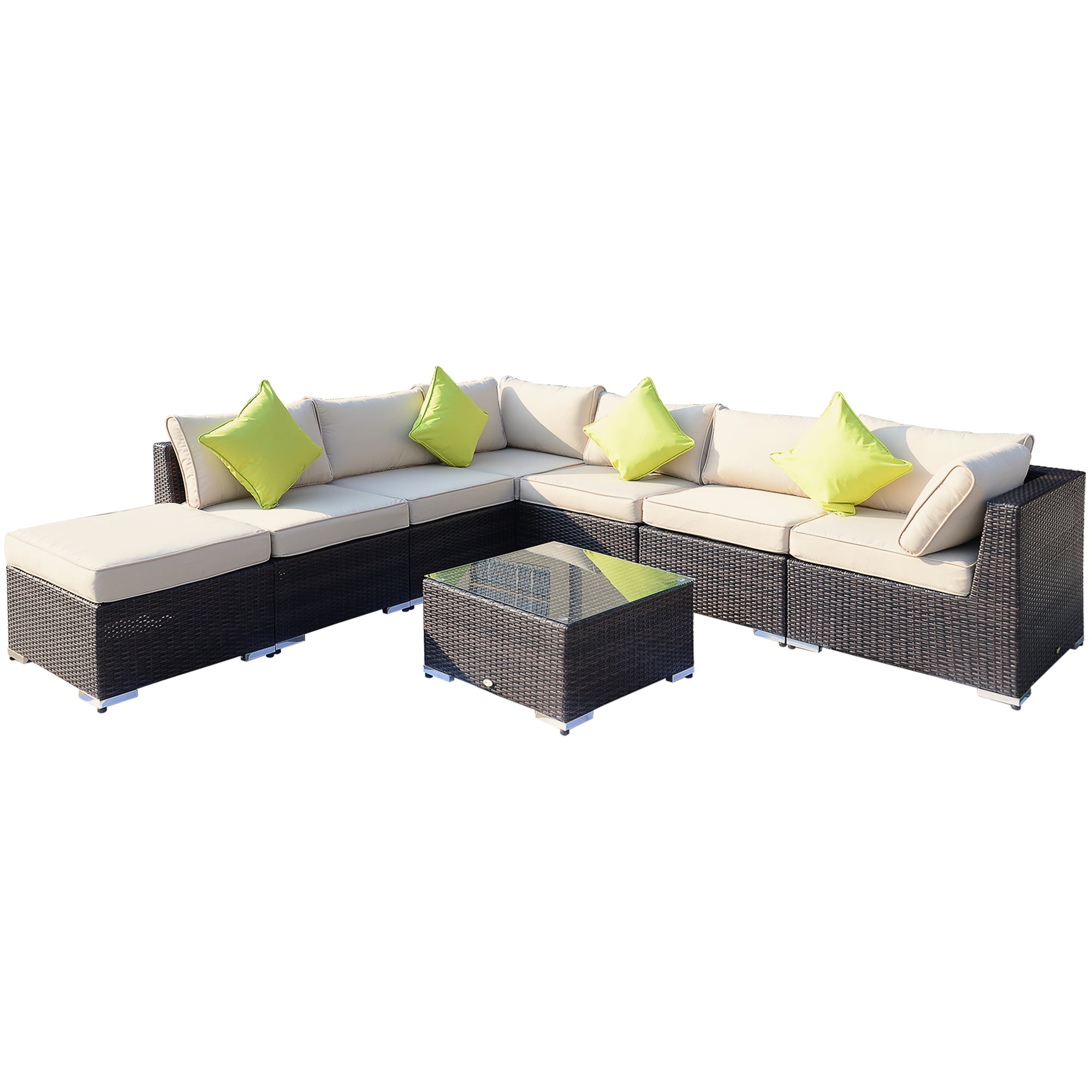 Outsunny 8 Pieces PE Rattan Corner Sofa Set with Thick Cushions, Aluminium Outdoor Rattan Garden Furniture Set with Glass Top Table, No Assembly Required, Mixed Brown 