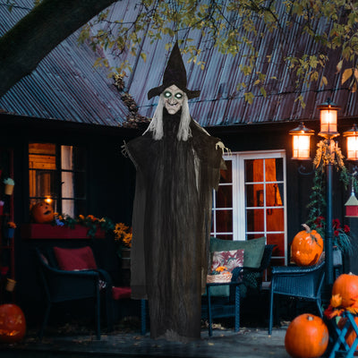 HOMCOM 6ft Outdoor Halloween Decoration Witch, Hanging Witch Prop Life Size with Sound and Motion Activated, Light Up Eyes, Talking Sound, Posable Arms 