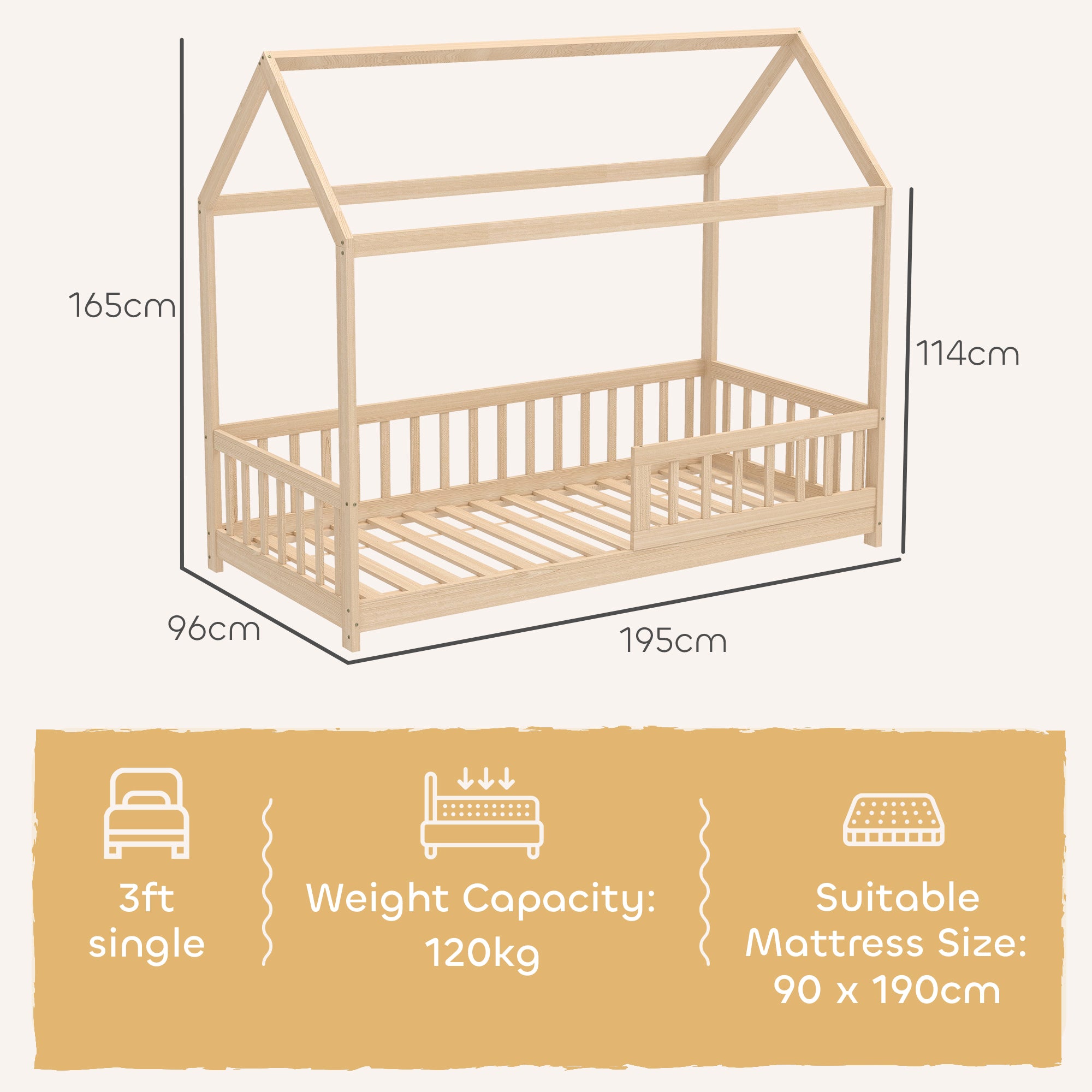 HOMCOM House-Shaped Kids Bed Frame with Guard Rails, Solid Pine Wood Single Bed Frame for Kids Boys and Girls, Natural 