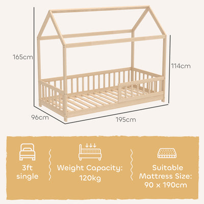 HOMCOM House-Shaped Kids Bed Frame with Guard Rails, Solid Pine Wood Single Bed Frame for Kids Boys and Girls, Natural 
