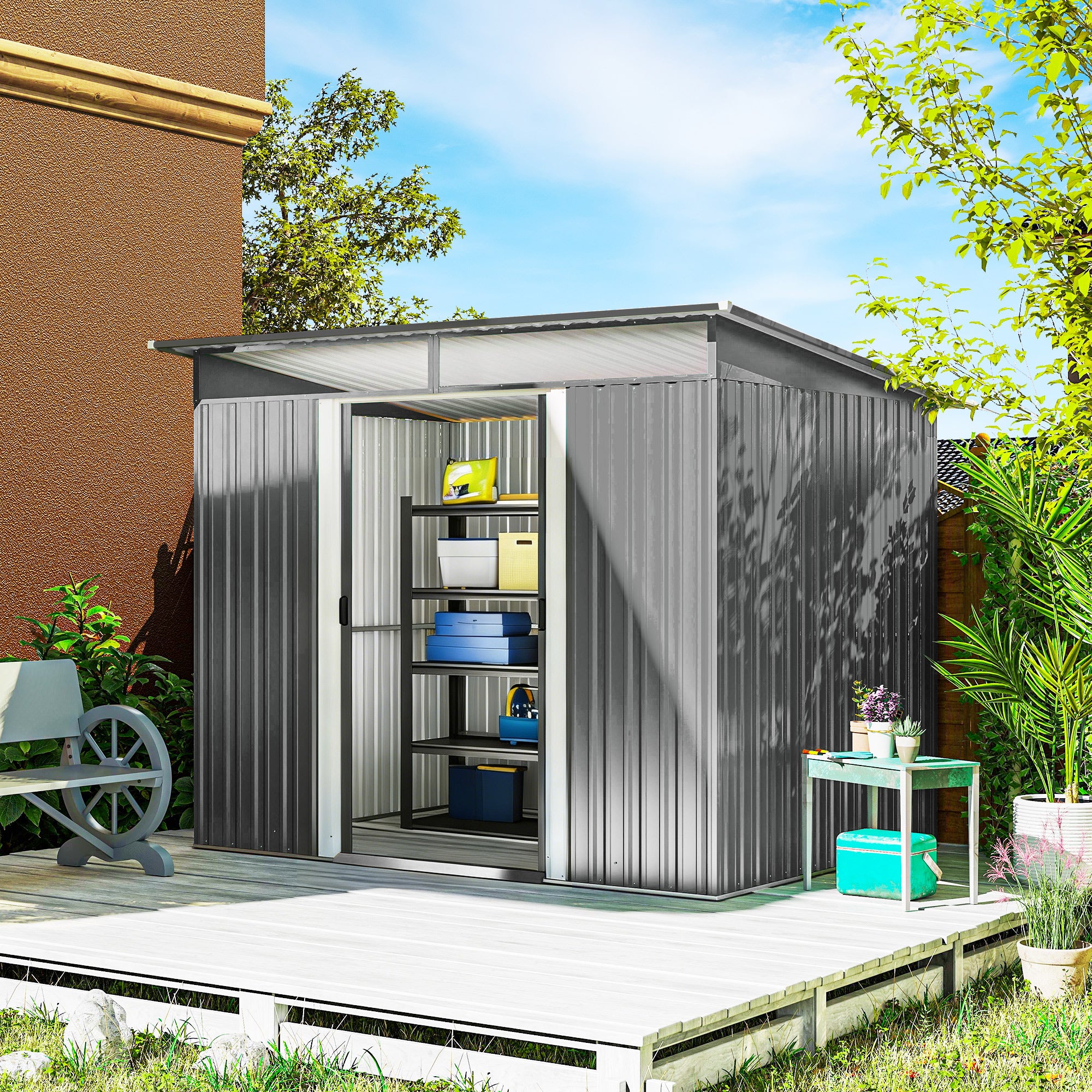 Outsunny 9ft x 6.5ft Garden Storage Shed with Top Window, Metal Outdoor Shed Tool House with Double Doors, Light Grey 