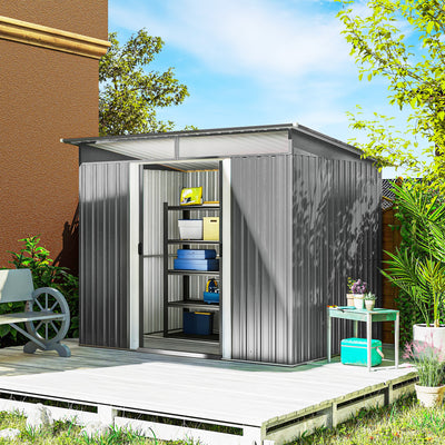 Outsunny 9ft x 6.5ft Garden Storage Shed with Top Window, Metal Outdoor Shed Tool House with Double Doors, Light Grey 