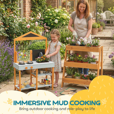 AIYAPLAY Mud Kitchen for Kids, Outdoor Wooden Play Kitchen with Sink, Stove, Cookware, Shelves, Pretend Play Toy for Ages 3-8 