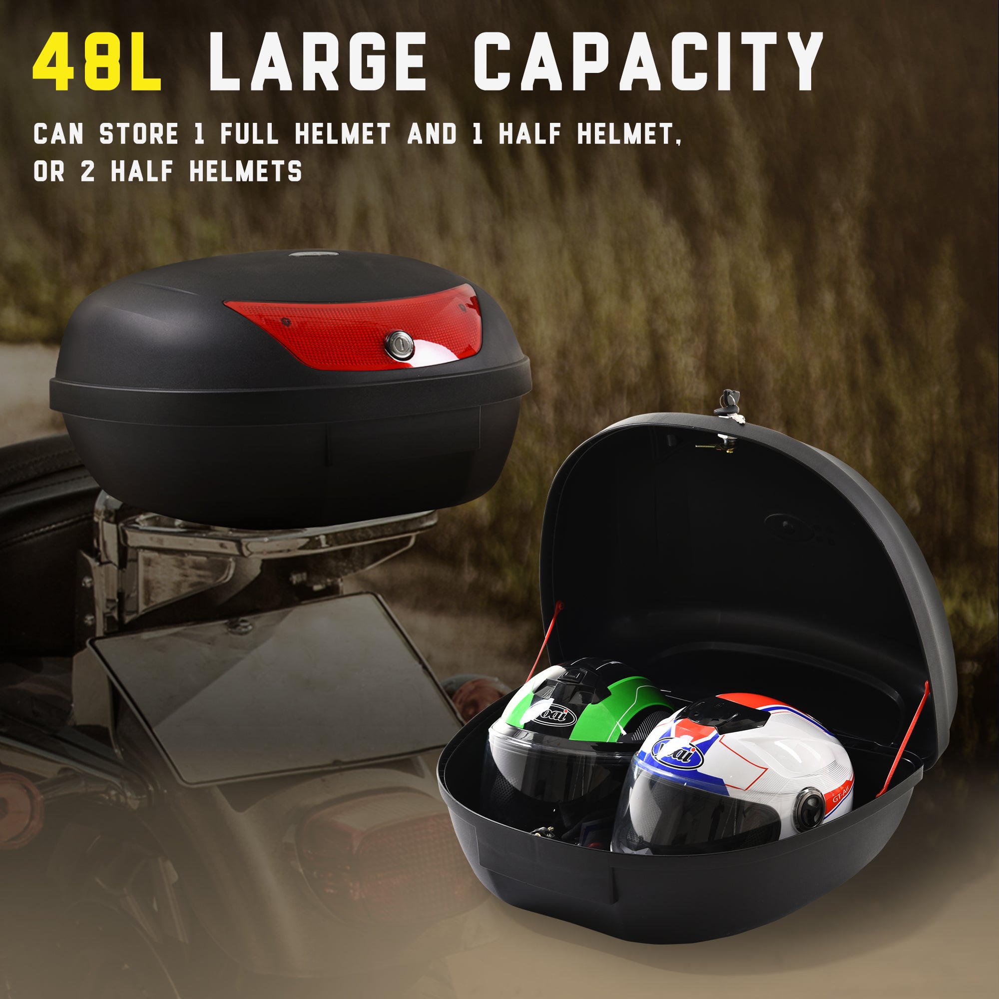 HOMCOM 48L Motorcycle Trunk Travel Luggage Storage Box Motorbike Accessory Large Storage Space For 2 Half Helmet - Black 
