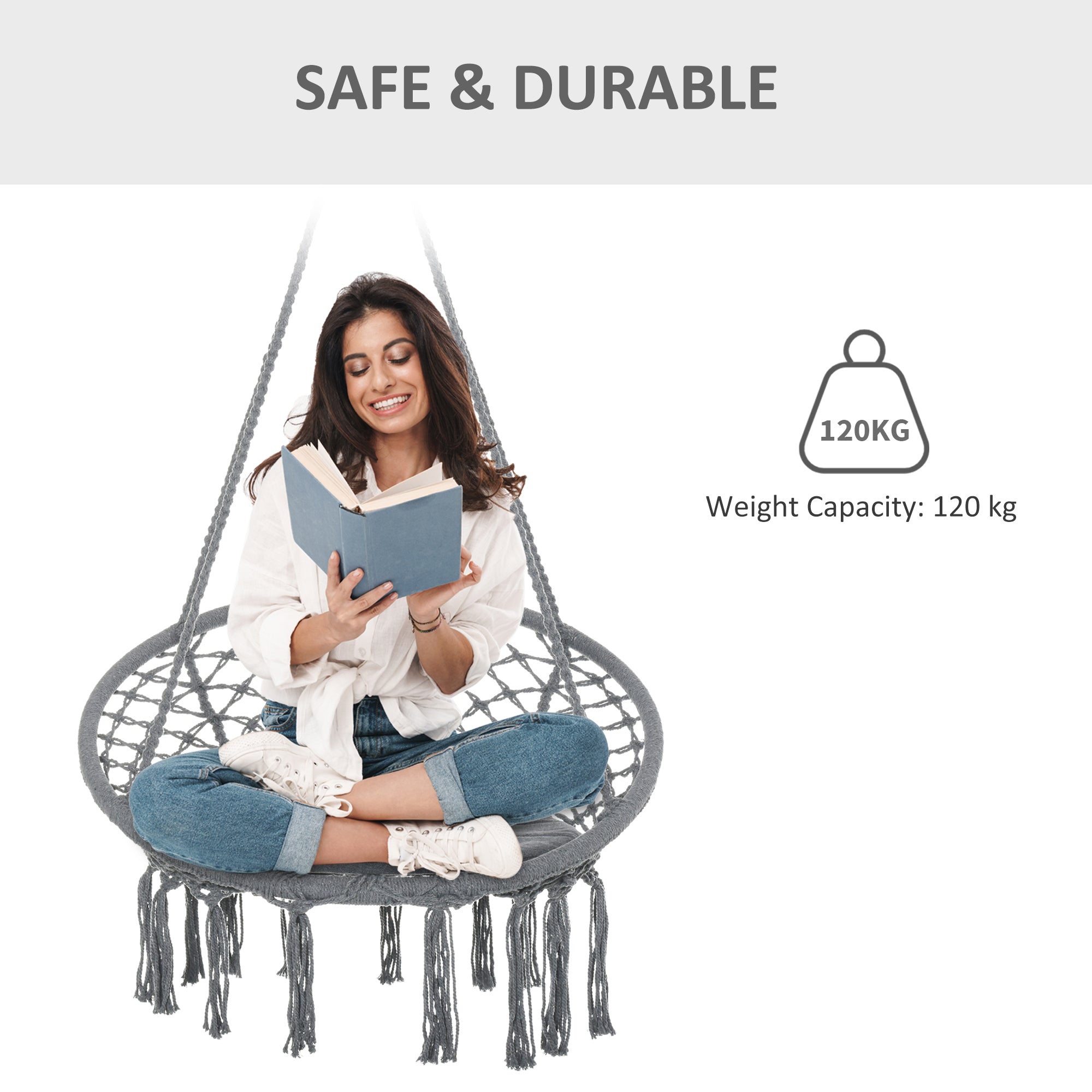 Outsunny Outdoor Cotton-Polyester Blend Macrame Hanging Rope Chair with Cushion, Portable Garden Chair with Fringe Tassels for Patio, Deck, Tree, Grey 