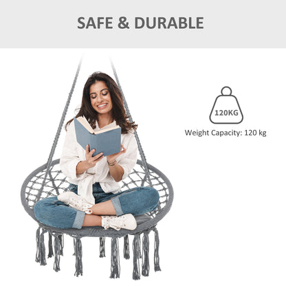 Outsunny Outdoor Cotton-Polyester Blend Macrame Hanging Rope Chair with Cushion, Portable Garden Chair with Fringe Tassels for Patio, Deck, Tree, Grey 