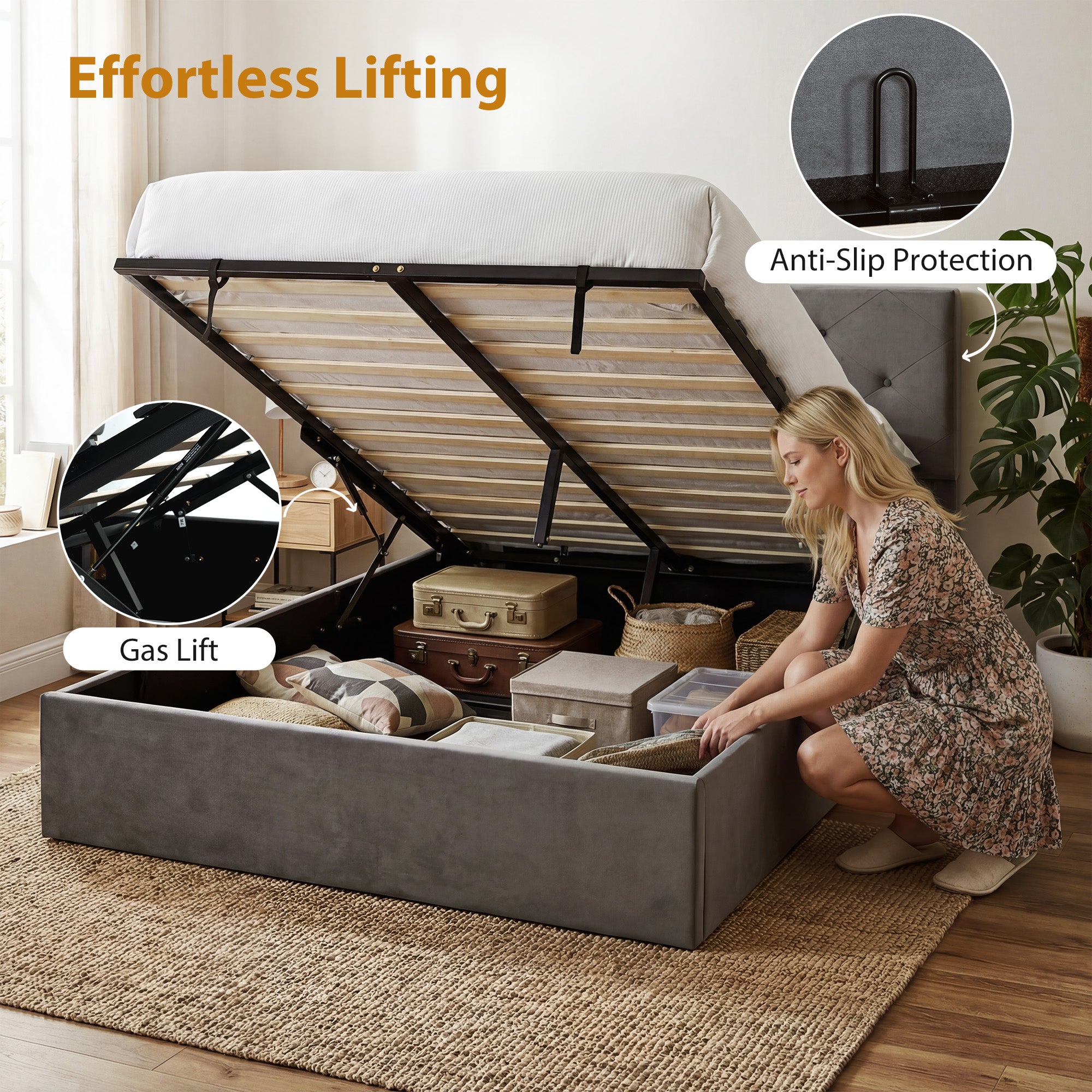 HOMCOM Double Bed Frame Gas Side Lift Under Bed Storage Upholstered Platform Bed Tufted Headboard for 140 x 190 cm Mattress 