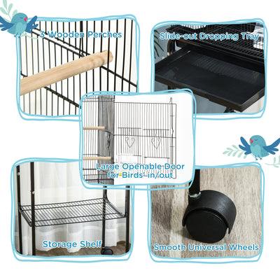 PawHut Bird Cage Budgie Cages for Finch Canary Parakeet with Stand Wheels Slide-out Tray Accessories Storage Shelf, Black 