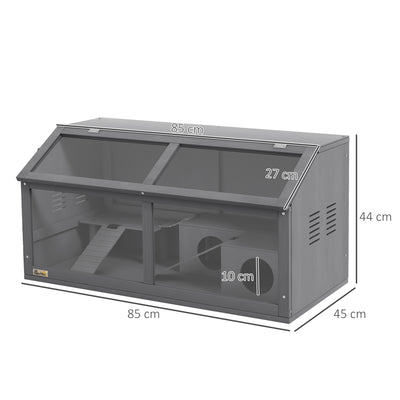 PawHut Hamster Cage, Wooden Small Animal Cage for Gerbils, Mice w/ Suspension Bridge, Openable Top, Hut, 85 x 45 x 44cm - Grey 
