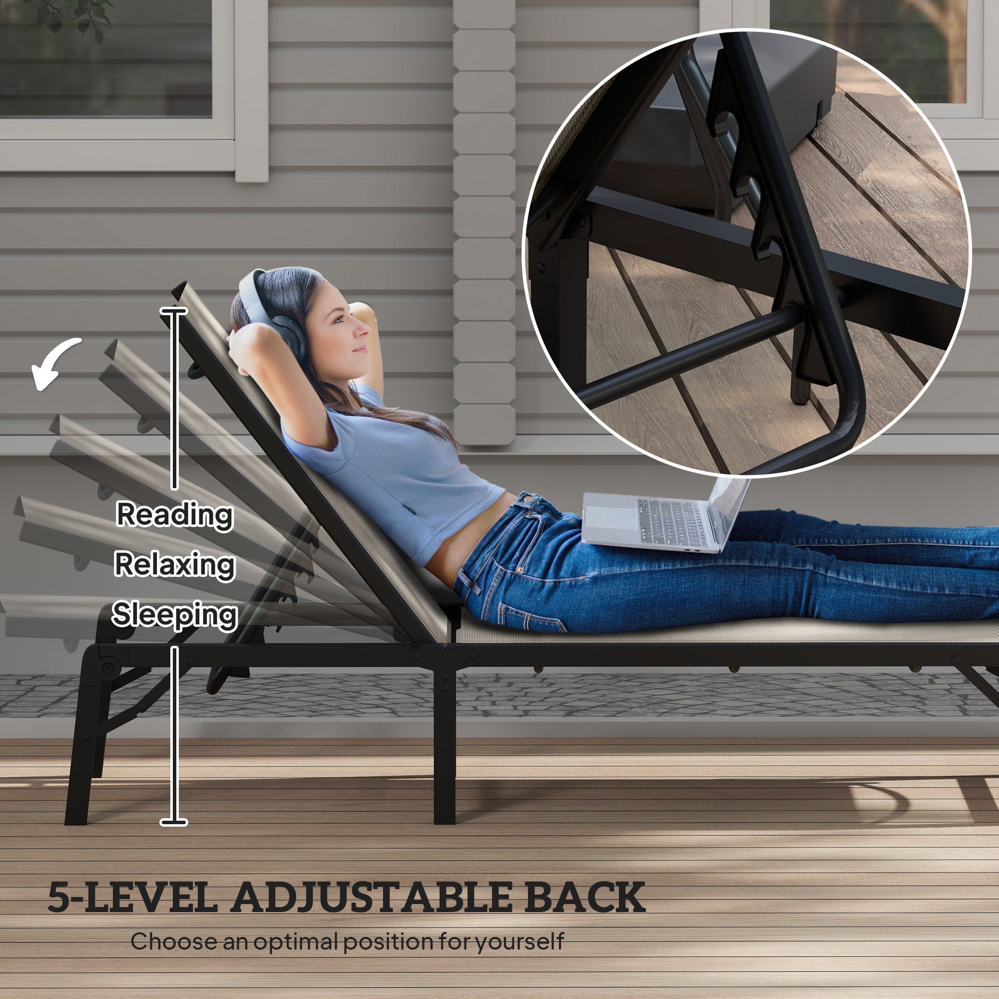 Outsunny Folding Sun Lounger, 5-Position Adjustable Garden Chaise Lounge Sunbed, Steel Frame Reclining Chair for Beach, Porch, Patio, Camping, Khaki 