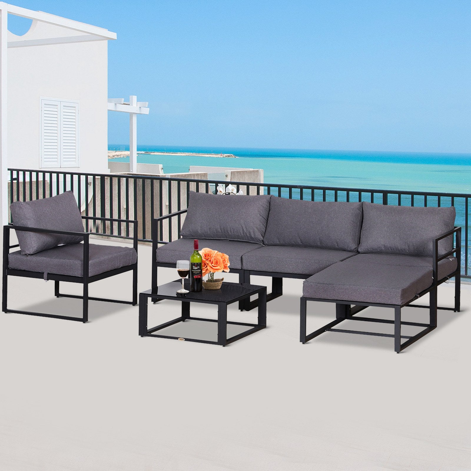 Outsunny 6 PCs Outdoor Indoor Sectional Sofa Set Thick Padded Cushions Aluminium Frame 5 Seaters 1 Coffee Table Footrest Grey 