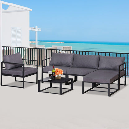 Outsunny 6 PCs Outdoor Indoor Sectional Sofa Set Thick Padded Cushions Aluminium Frame 5 Seaters 1 Coffee Table Footrest Grey 
