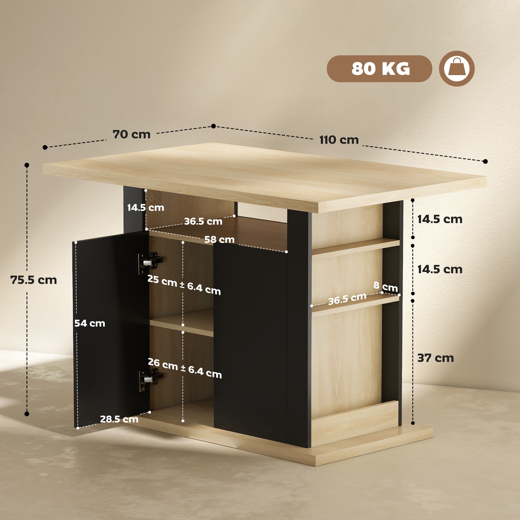 HOMCOM Kitchen Island with Spice Rack, Kitchen Storage with Large Tabletop for 4 People, Adjustable Shelves Black & Natural 