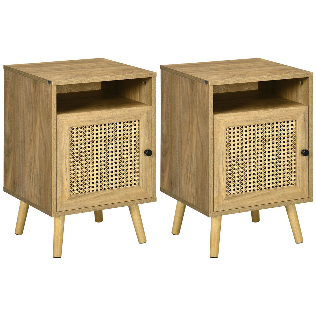 HOMCOM Bedside Table with Rattan Element, Side End Table with Shelf and Cupboard, 39cmx35cmx60cm, Set of 2, Natural 