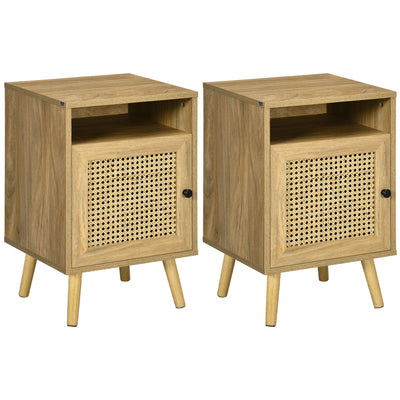 HOMCOM Bedside Table with Rattan Element, Side End Table with Shelf and Cupboard, 39cmx35cmx60cm, Set of 2, Natural 