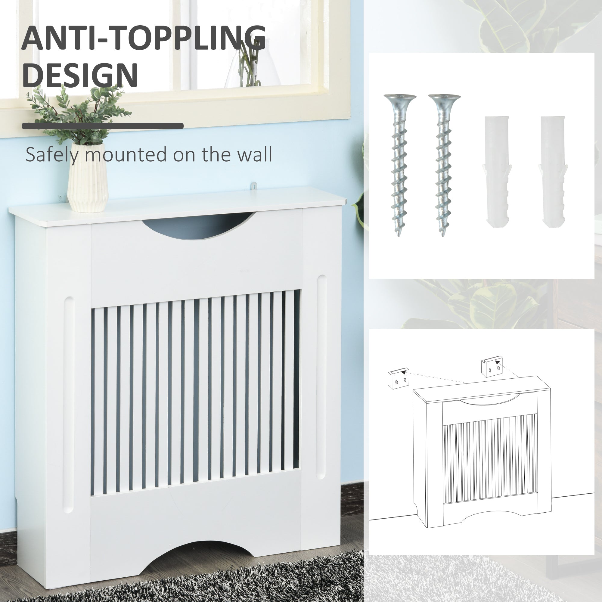 HOMCOM Painted MDF Radiator Cover Heater Cabinet Modern Slatted Home Furniture Living Room Bedroom Worktop White 82H x 78W x 19D 