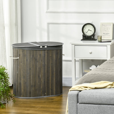 HOMCOM Bamboo Laundry Basket with Lid, 100 Litres Laundry Hamper with 2 Sections, Removable Washable Lining, Washing Baskets, 62.5 x 37 x 60.5cm, Grey 