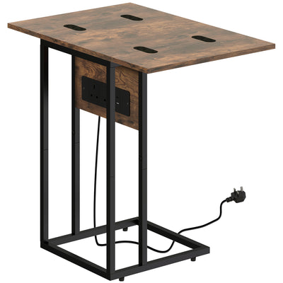 HOMCOM C Shaped Side Table with Charging Station and Foldable Top - Rustic Brown 