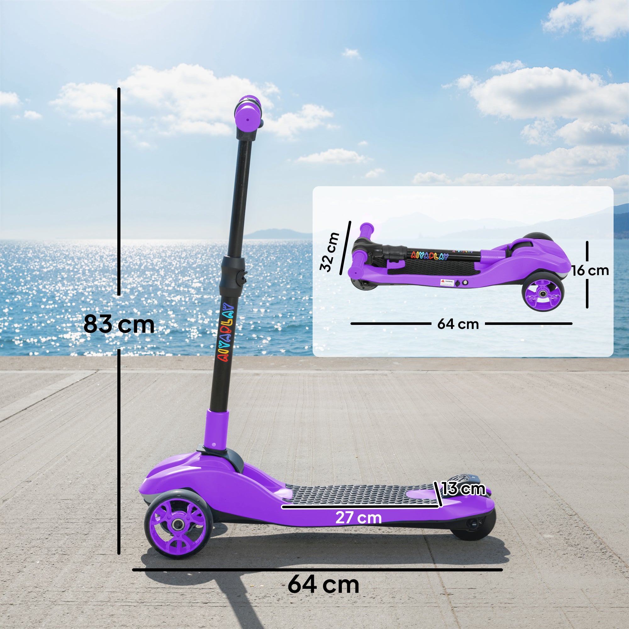 AIYAPLAY Three-Wheel Foldable Electric Scooter for Kids Aged 6-10 Years, Purple 