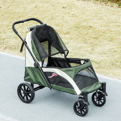 PawHut Easy Folding Pet Stroller for Large Dogs with 4 Big Wheels, Shock Absorb Frame, Safety Leashes, Brakes, Dark Green 