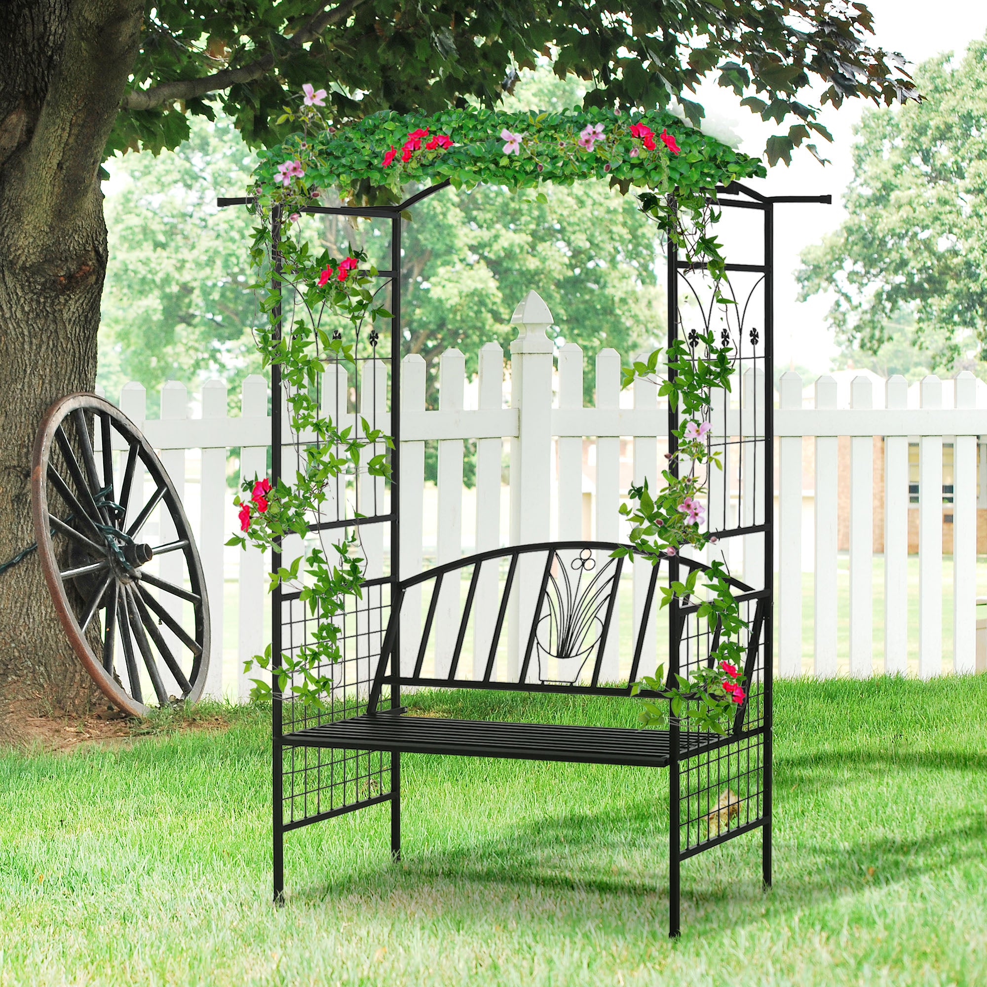 Outsunny Steel Frame Outdoor Garden Arch w/ 2-Seater Bench Flower Climber Black 