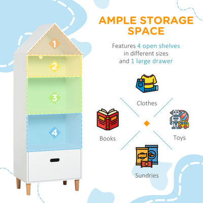 HOMCOM Kids Children Wooden Bookcase w/Drawer Bedroom Furniture Bookshelf Storage Rack Display Unit Toys Games Organisation Cabinet Pink Blue Back Panel 50 x 30 x 142 cm 
