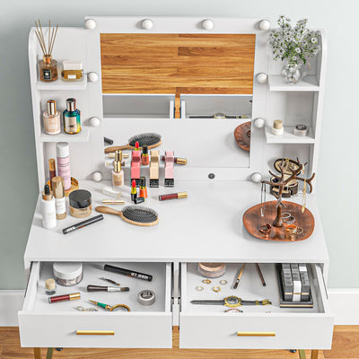 HOMCOM Dressing Table with Lighted Mirror, Cushioned Stool, Drawers, Shelves, LED Makeup Vanity Desk Set, Modern Dresser Vanity Table for Bedroom, White 