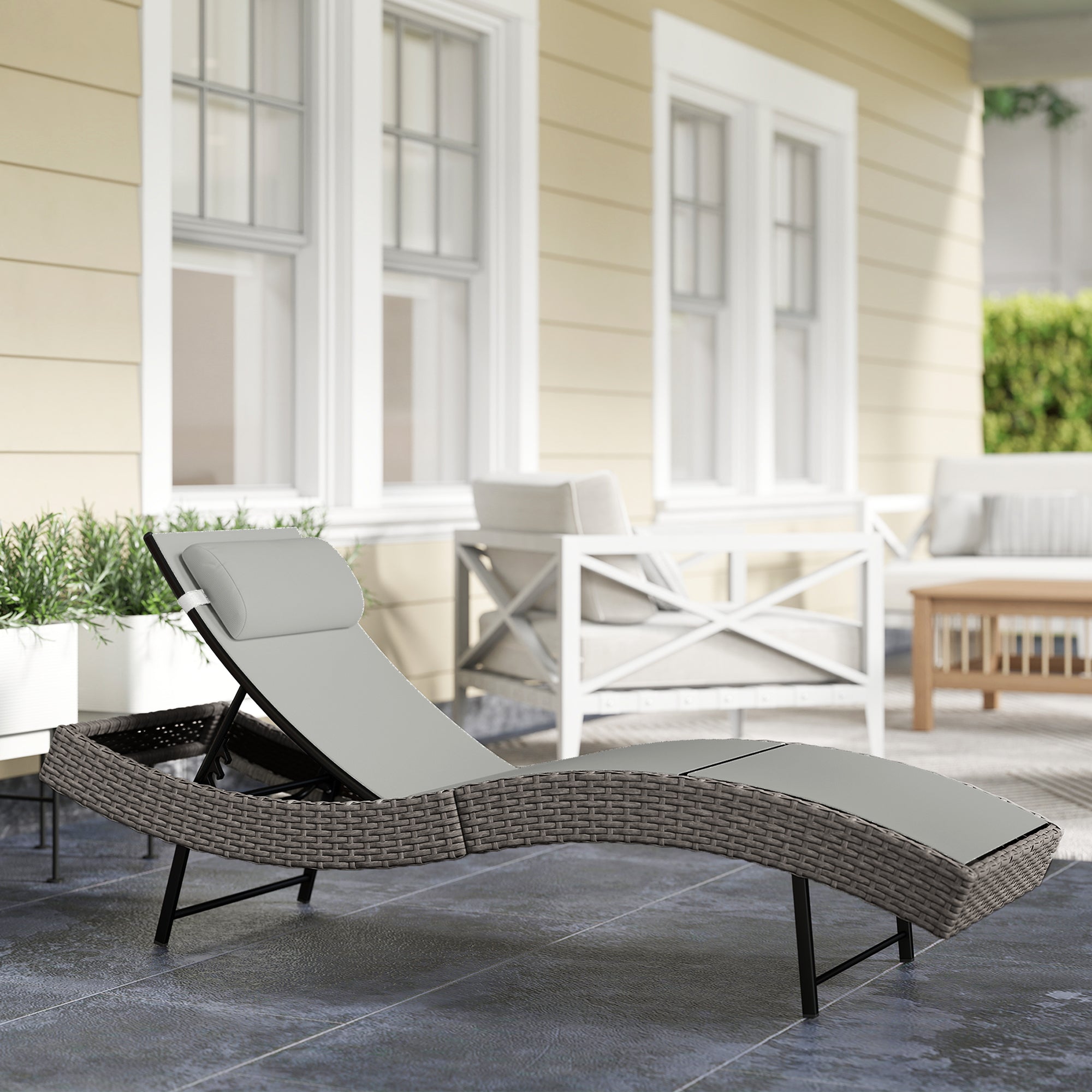 Outsunny Rattan Sun Lounger, Garden Recliner with 5 Position Adjustable Back, S Shaped Texteline Seat, Headrest, Light Grey 