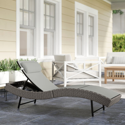 Outsunny Rattan Sun Lounger, Garden Recliner with 5 Position Adjustable Back, S Shaped Texteline Seat, Headrest, Light Grey 