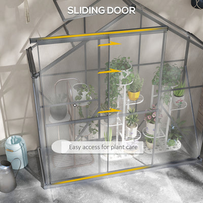Outsunny 6 x 2.5ft Polycarbonate Greenhouse Walk-In Green House with Rain Gutter, Sliding Door, Window, Foundation, Dark Grey 