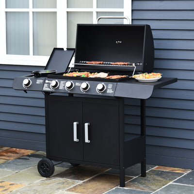 Outsunny 4+1 Burner Gas BBQ Grill, Outdoor Barbecue Trolley with Wheels, Warming Rack, Side Shelves, Cabinet, Thermometer for Garden, Party, Camping, 125 L x 51 W x 100 H cm, Black 