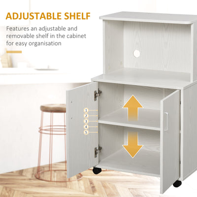HOMCOM Kitchen Storage Unit, Modern Microwave Stand Trolley Cart, Sideboard with Cabinet,  Locking Wheels, Shelf for Living Room, Dining Room, White 