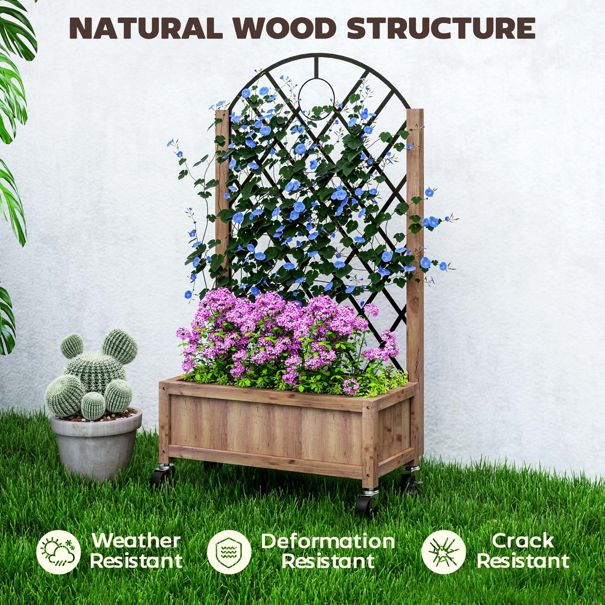 Outsunny Wooden Planter, with Metal Trellis - Brown/Black 