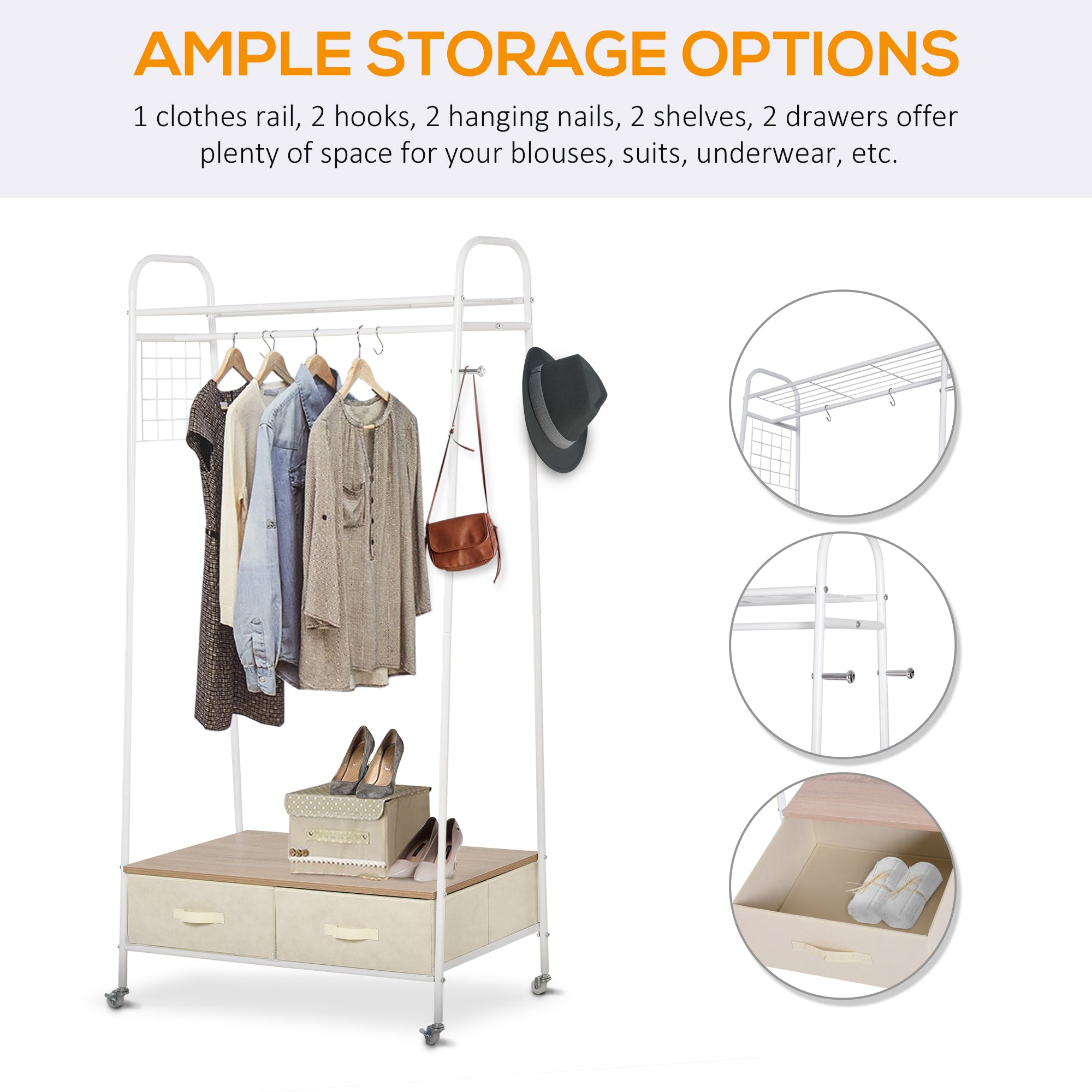 HOMCOM Entrance Coat Rack Rail Clothes Stand Garment Storage Hanger Shelf   Organiser 2 Drawers 