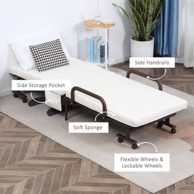 HOMCOM Folding Bed with Mattress, Single Guest Bed, Portable Fold Bed with Adjustable Backrest, Metal Frame on Wheels, White, 190 x 76 cm 