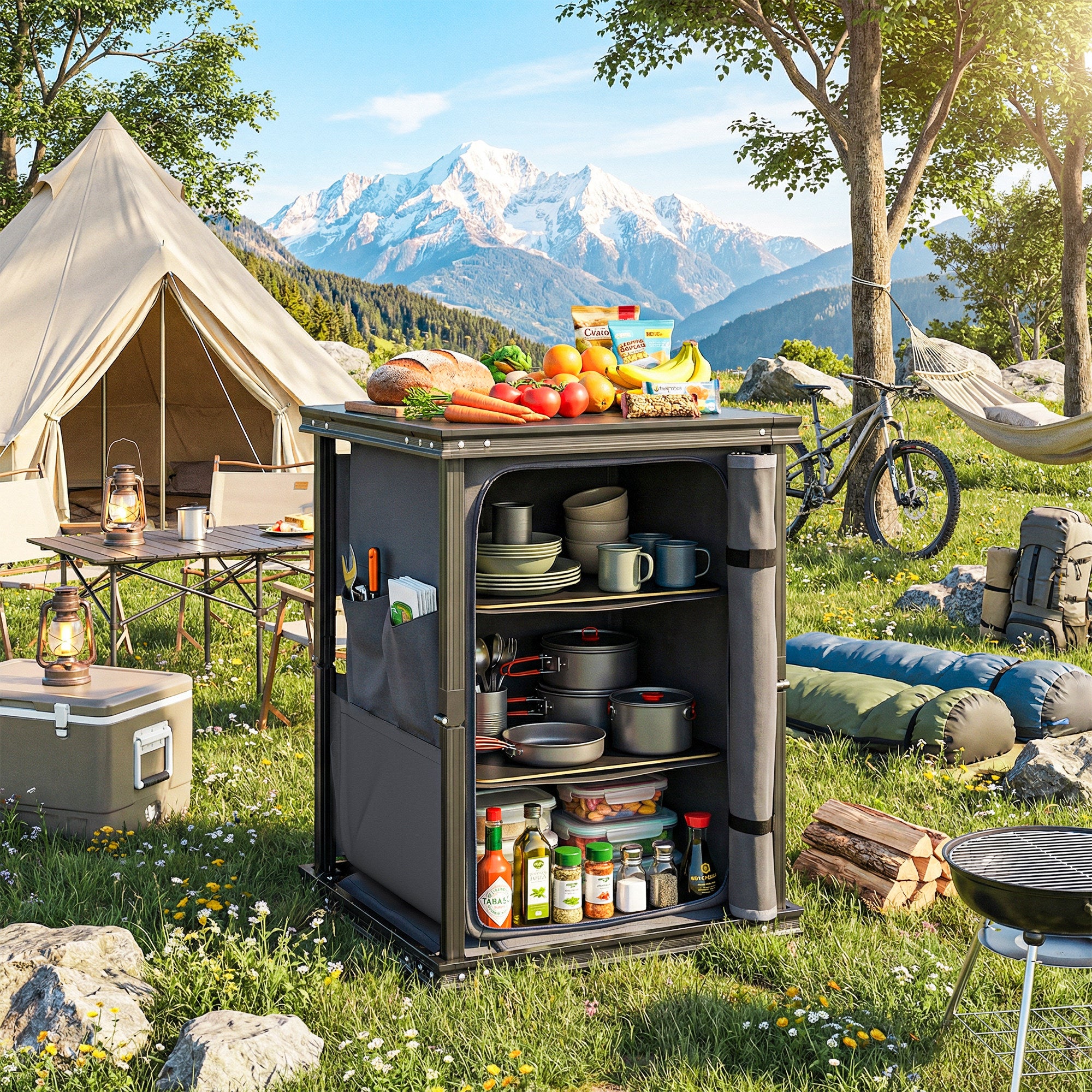 Outsunny Camping Camping Cupboards, Folding Portable Kitchen Table with 3-Tier Storage, Black 