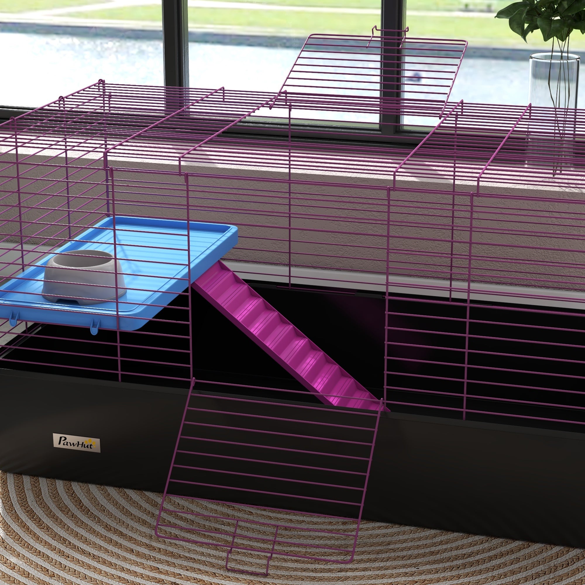 PawHut Chinchillas Small Rabbit Guinea Pig Small Animal Cage, Pet Playhouse, with Platform, Ramp, 99 x 52 x 53cm, Black 