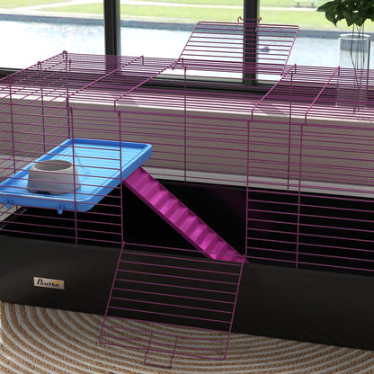 PawHut Chinchillas Small Rabbit Guinea Pig Small Animal Cage, Pet Playhouse, with Platform, Ramp, 99 x 52 x 53cm, Black 