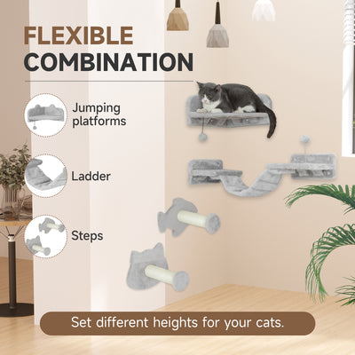 PawHut 4-Piece Cat Wall Shelves with Steps, Ladder, Jumping Platforms, Light Grey 