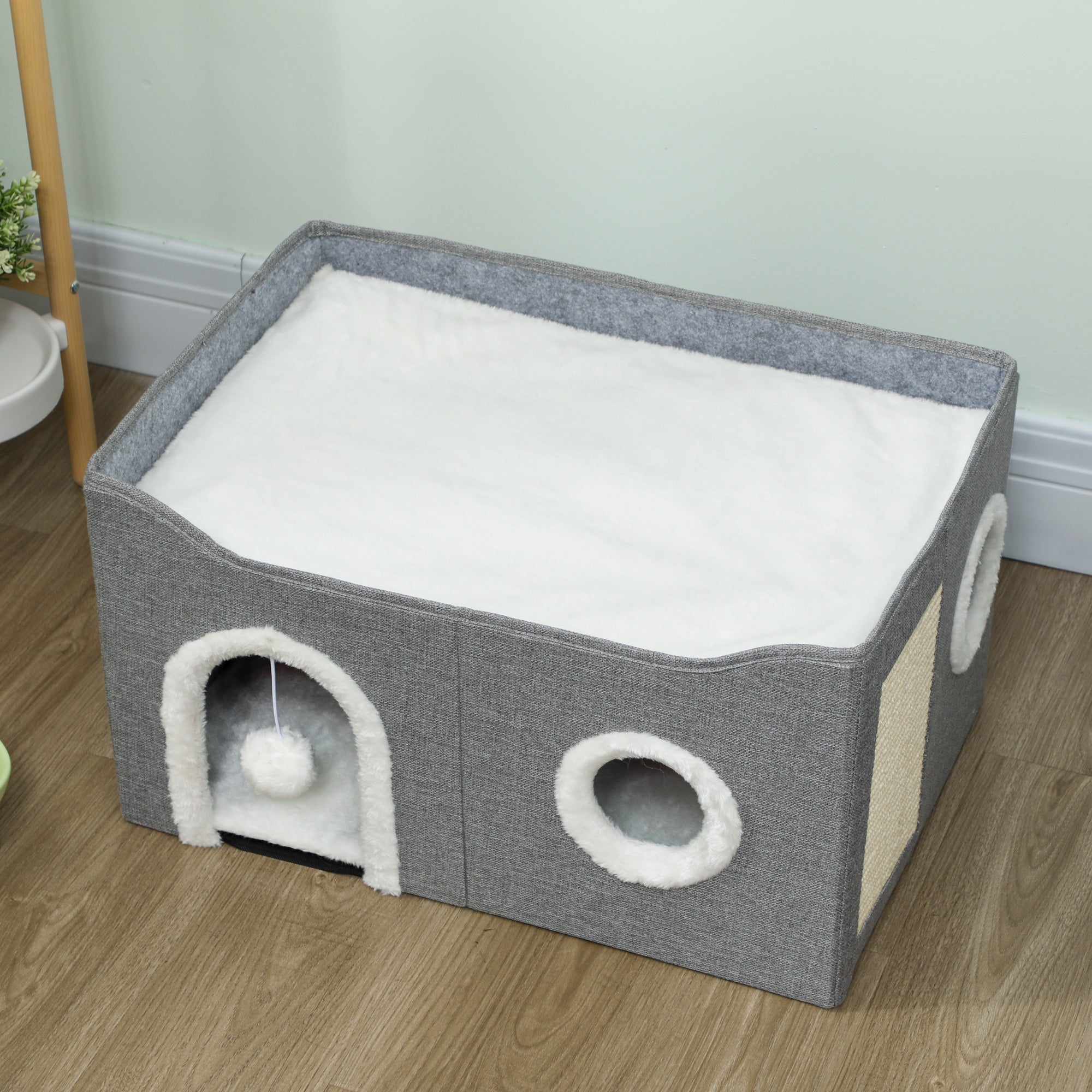 PawHut Cat Bed for Indoor Pets, Foldable Cat House with Fluffy Ball and Scratch Pad for Small and Medium Pets, Grey 