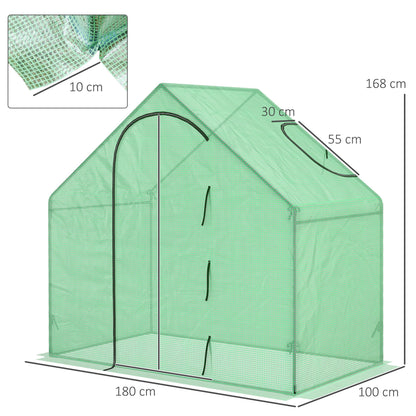 Outsunny Walk In Mini Greenhouse Garden Outdoor Flower Planter Steel Frame w/ Zipped Door & Window, PE Cover, 180 x 100 x 168CM, Green 