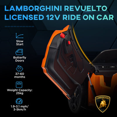 AIYAPLAY Lamborghini Revuelto Licensed 12V Ride on Car w/ Butterfly Doors, Transport Wheels, Suspension, Remote Control, Orange 