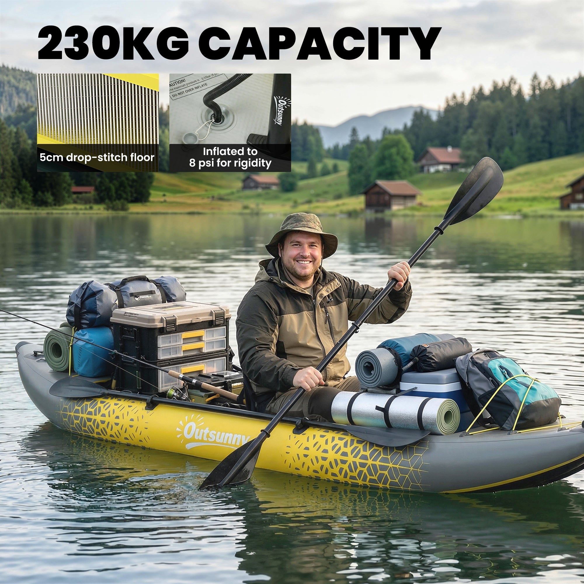 Outsunny 12.5' Inflatable Kayak Set, 2-person Sit on Canoe with Aluminium Oars, Grey and Yellow 