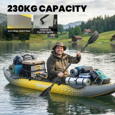 Outsunny 12.5' Inflatable Kayak Set, 2-person Sit on Canoe with Aluminium Oars, Grey and Yellow 