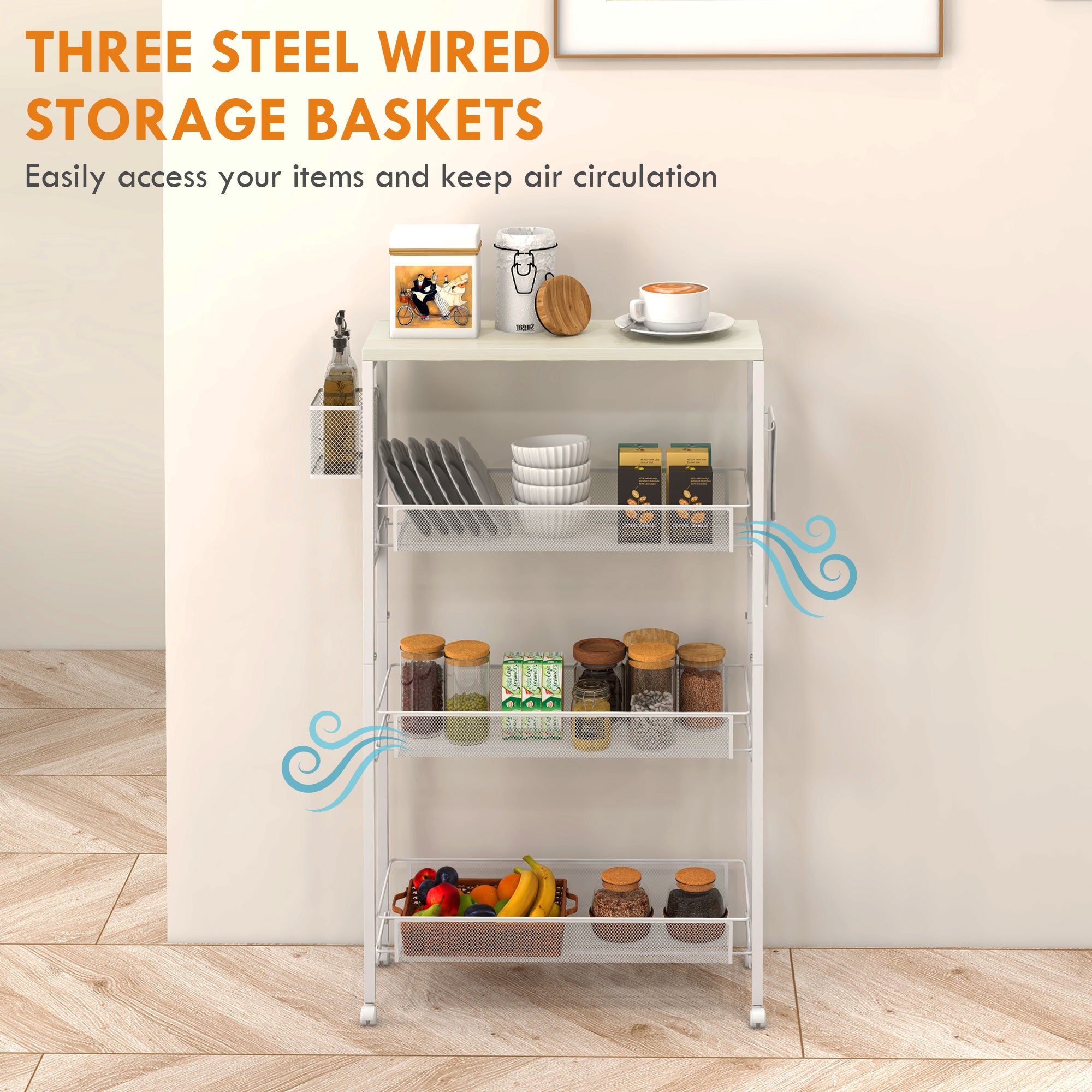 HOMCOM 3-Tier Kitchen Cart with 3 Steel Wire Baskets - White 