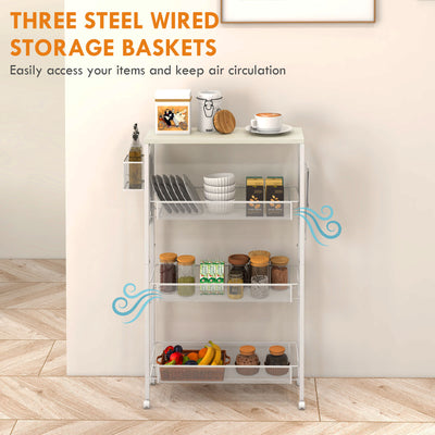 HOMCOM 3-Tier Kitchen Cart with 3 Steel Wire Baskets - White 